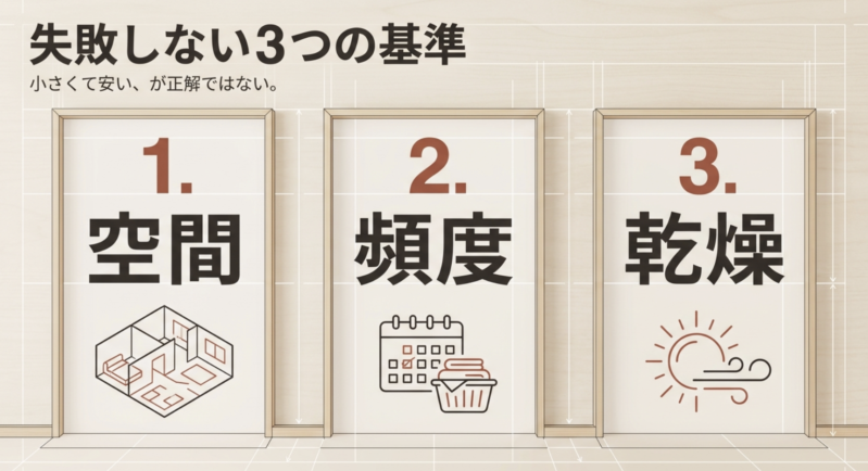 失敗しない3つの基準。小さくて安い、が正解ではない。一人暮らしの洗濯機選びで失敗しないための3つの基準。1.空間、2.頻度、3.乾燥。