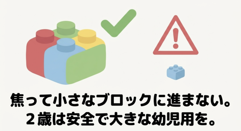「焦って小さなブロックに進まない。2歳は安全で大きな幼児用を。」というメッセージ