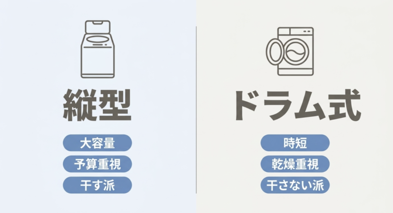 縦型は大容量・予算重視・干す派向け、ドラム式は時短・乾燥重視・干さない派向けというイラスト