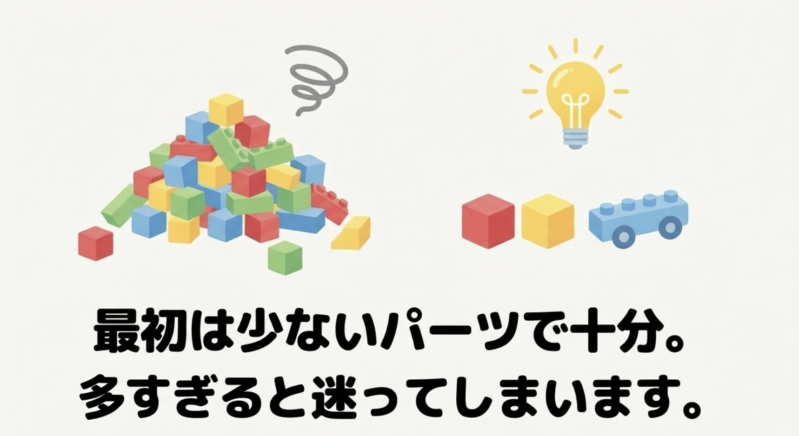 「最初は少ないパーツで十分。多すぎると迷ってしまいます。」というメッセージ