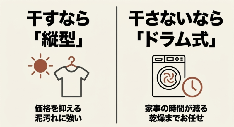 干すなら価格を抑え泥汚れに強い「縦型」、干さないなら家事の時間が減り乾燥までお任せの「ドラム式」