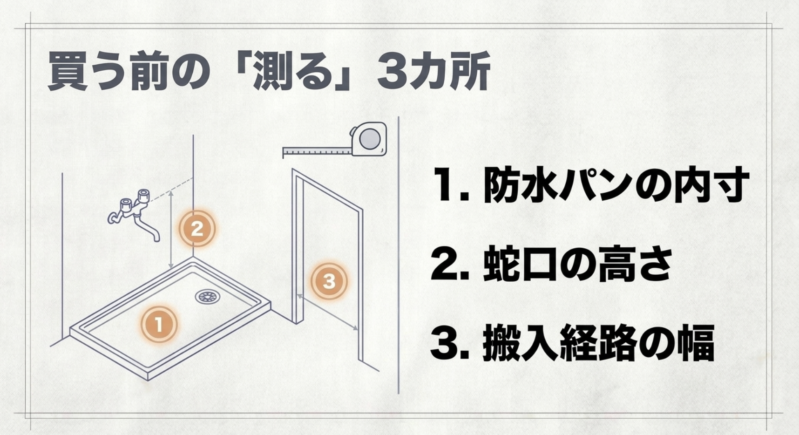 防水パンの内寸、蛇口の高さ、搬入経路の幅の3カ所を事前に測ることを示す図解