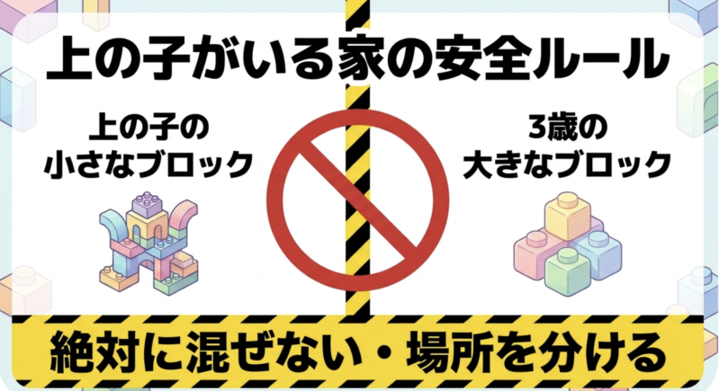上の子の小さなブロックと3歳の大きなブロックは絶対に混ぜず、場所を分けるという安全ルールを示すイラスト