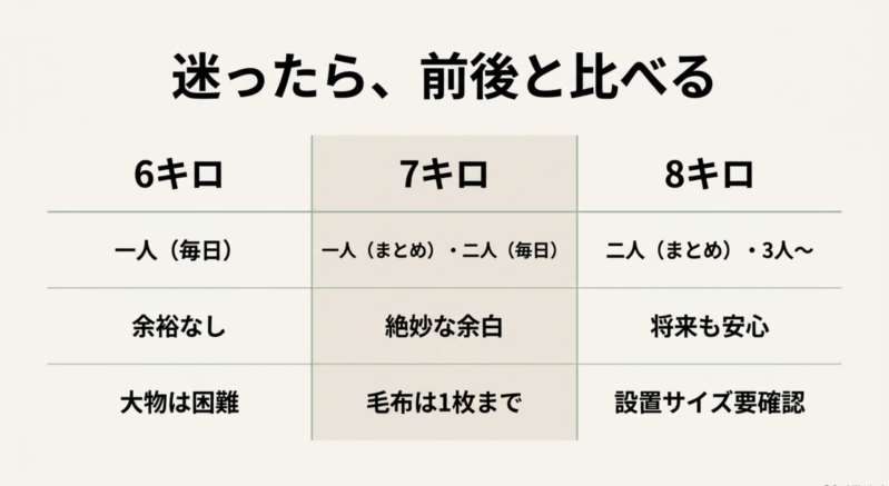 迷った際に前後と比べるための表。6キロ、7キロ、8キロについて、適した人数や使い方、容量の余裕、大物洗いや設置スペースなどの観点から比較した図解。