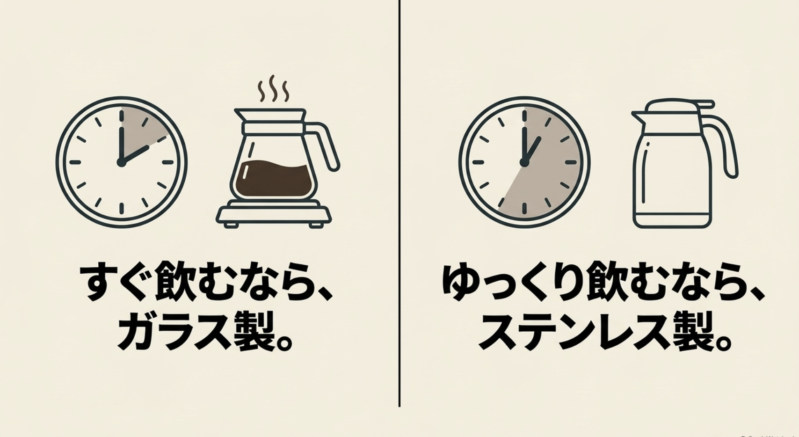 すぐ飲むならガラス製、ゆっくり飲むならステンレス製というコーヒーメーカーのポット選びの比較図
