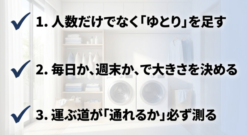 洗濯機選びの3つのチェックポイント。1.人数だけでなくゆとりを足す、2.毎日か週末かで大きさを決める、3.運ぶ道が通れるか必ず測る