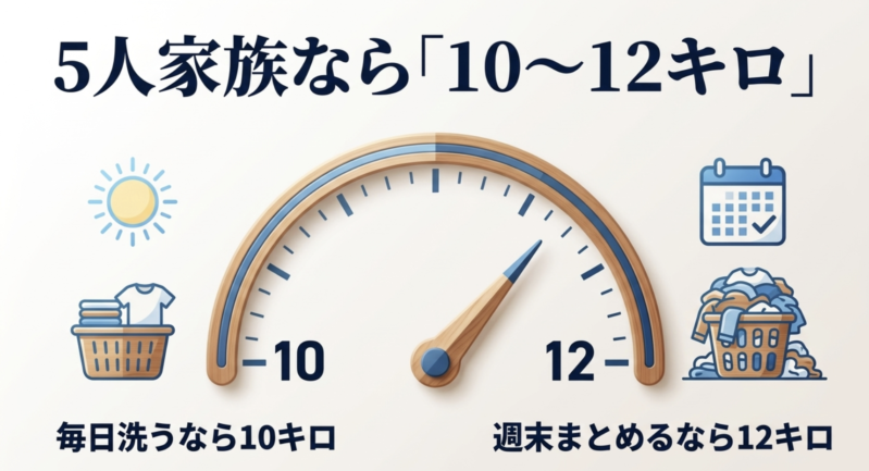 5人家族の洗濯機容量の目安は10〜12kg。毎日洗う場合は10kg、週末にまとめて洗う場合は12kgを推奨する図