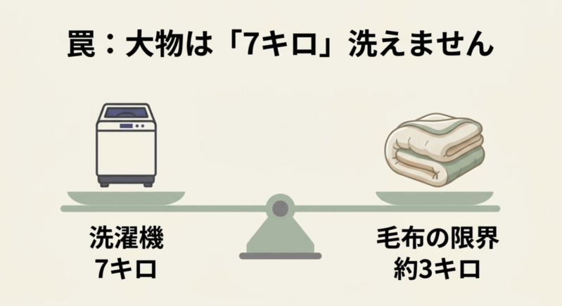 洗濯機自体の容量が7キロであっても、毛布などの大物を洗う際の限界は約3キロであるという罠を示す天秤の図解。