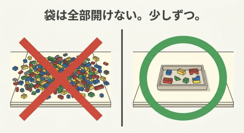 レゴの袋を一度に全部開けて散らかすのではなく浅いトレーに少しずつ部品を出して組み立てる工夫のイラスト