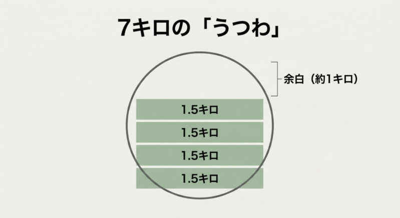 1人1日の洗濯物は約1.5キロであることと、7キロの洗濯機なら4日分(1.5キロ×4)を入れても約1キロの余白があることを示す図解。