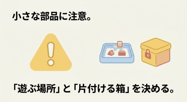 4歳のレゴは小さな部品の誤飲に注意。縁のあるトレーなど遊ぶ場所と、ふた付きの片付ける箱を決める安全対策