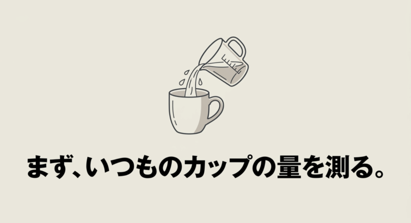 計量カップからマグカップに水を注いでいつものカップの量を測るイラスト