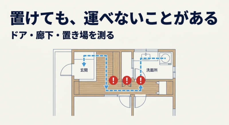 洗濯機置き場に設置できるかだけでなく、玄関から廊下、洗面所のドアなど搬入経路を通れるか必ず測ることを示す間取り図