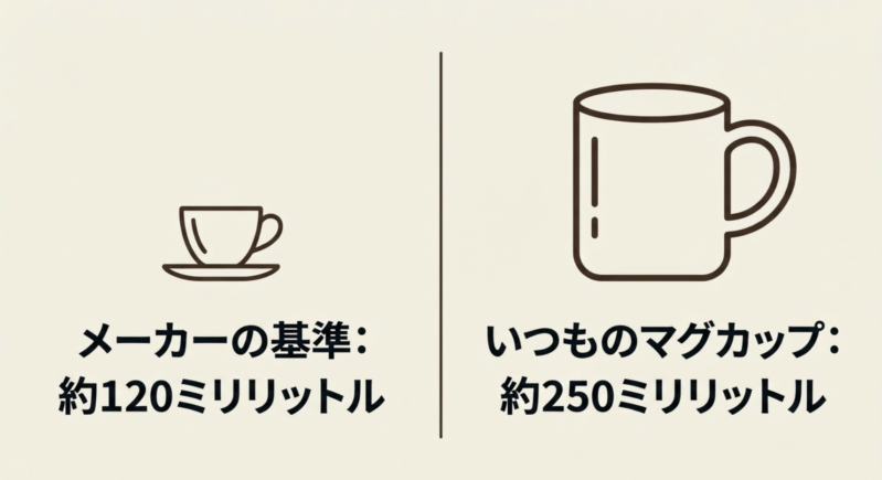 コーヒーメーカーの基準である約120ミリリットルといつものマグカップ約250ミリリットルの違いを比較した図解